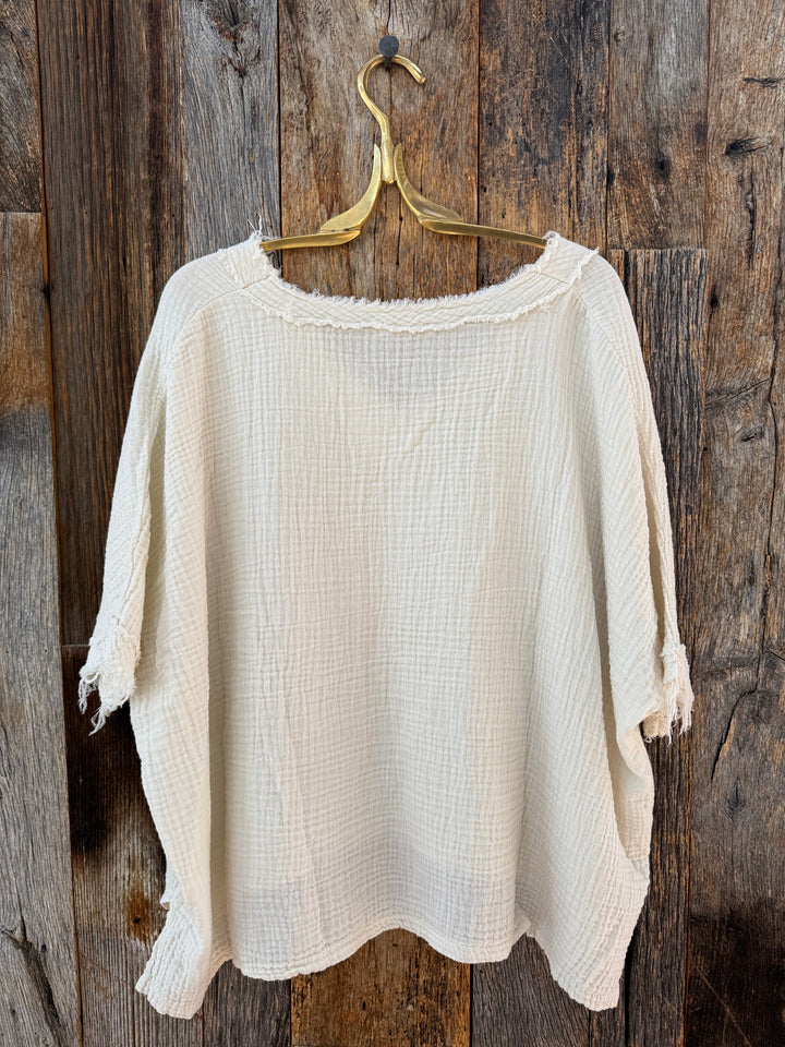 Milio Milano Raw Edge Gauze V-Neck Top Butter