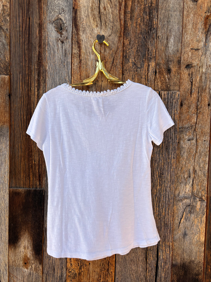 Milio Milano Cotton Baby Rib Crochet Lace Trim Round Neck Top White