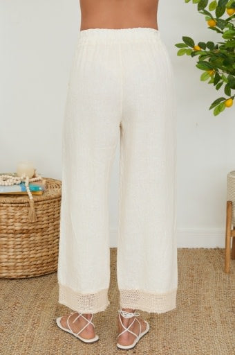 Milio Milano Mesh Hem Wide Leg Linen Pants w/ Pockets Butter