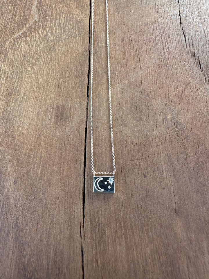 Aili Moon & Stars 14K/Wt Diam 16" Postcard Necklace