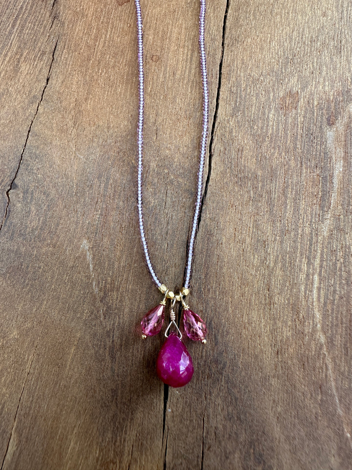 Debbie Fisher EVE62 pink topaz, ruby, seed, GF clasp